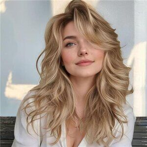 NEW Mixed Blonde Long Wavy  Synthetic Wig with Bangs